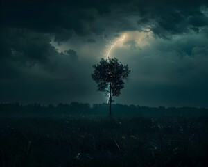 Dramatic Lone Tree Struck by Lightning in Dark Stormy Night Landscape