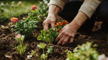 Fototapeta premium elderly LGBTQ individuals gardening together, surrounded by blooming plants, sunny and cheerful setting, hands in soil, rich and natural color tones, serene and nurturing scene