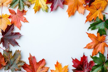 Fototapeta premium Autumn Maple Leaves Flat Lay White Background created with Generative AI