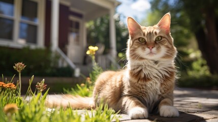 Cat sitting on grass in front of house