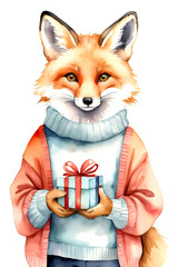 Obraz premium Watercolor painted cute fox with giftbox isolated on white background. Card, poster, banner. Generative AI.