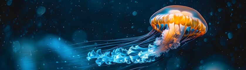 Fototapeta premium Glowing Jellyfish Drifting in the Ethereal Depths of the Ocean Surrounded by a Sea of Cosmic Darkness