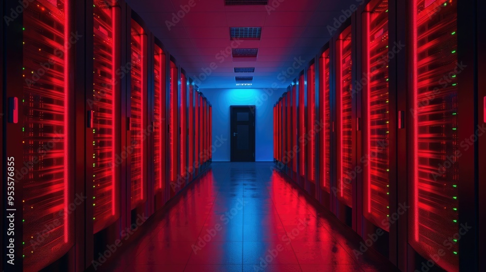 Poster futuristic cybersecurity data center corridor filled with glowing red servers under a simulated ddos