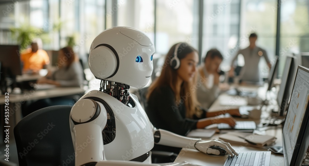 Poster Robotics integration in workplaces transforms operations by improving efficiency, boosting productivity, and enhancing collaboration, resulting in a more effective work environment
