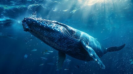 Naklejka premium Majestic Blue Whale Gracefully Navigating the Vast Sunlit Ocean with a School of Fish