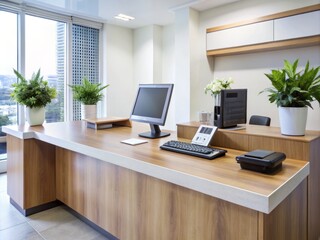 Fototapeta premium A calm and organized healthcare reception desk with a computer, calculator, and paperwork ready for a smooth and