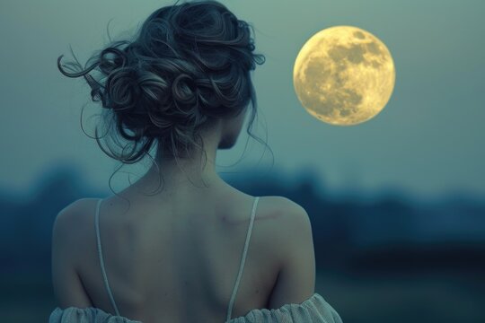 Woman standing in field with full moon