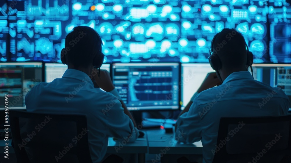 Poster a team of cyber attack forensics investigators closely analyzing corporate data and security details