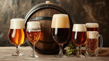 A festive Oktoberfest table laden with beer glasses and a large barrel centerpiece