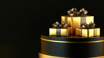 Black and gold Christmas background with gift boxes and podium, 3D rendering mock-up