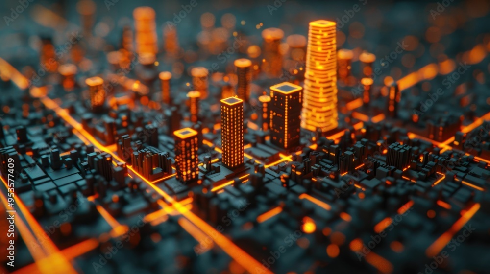 Poster futuristic illuminated cityscape of a smart energy grid powering a sustainable city with skyscrapers