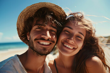 A man and a woman are smiling at the camera on a beach,