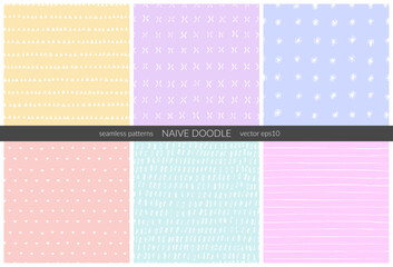 Hand drawn naive style seamless patterns with stripes, doodle daisies, hearts, triangles, oval scribbles, shapes
