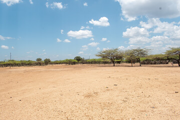tipica rancheria wayuu en el departamento de la guajira, en colombia, territorio desertico en la...