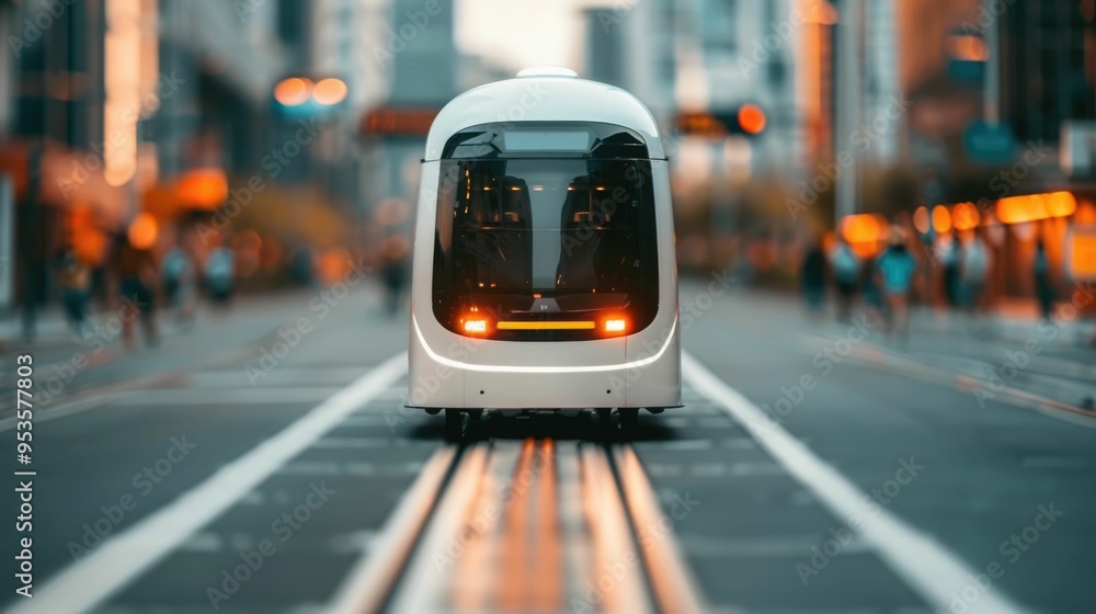 Poster autonomous public transit system with self driving electric buses navigating through a futuristic hi