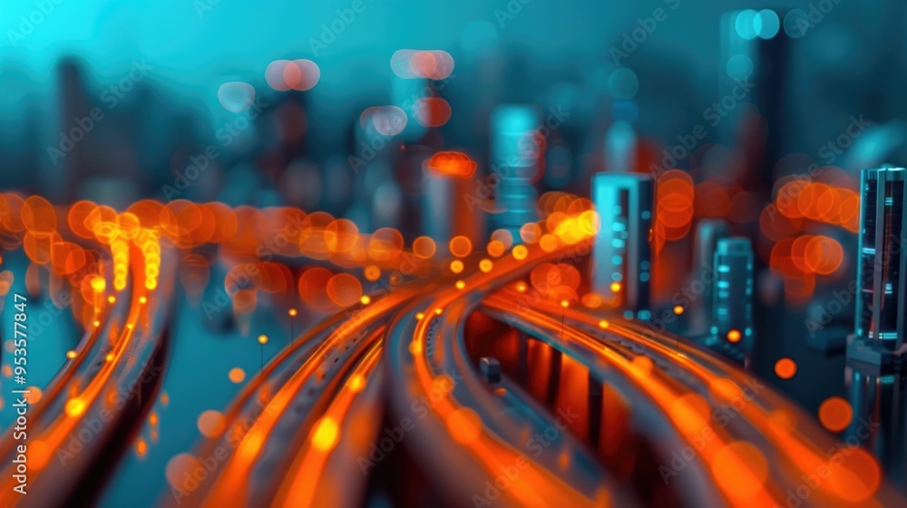 Poster blurred image of a futuristic city landscape with intelligent connected infrastructure smart buildin
