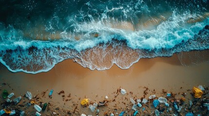 Aerial view of a polluted beach with plastic waste scattered along the shore