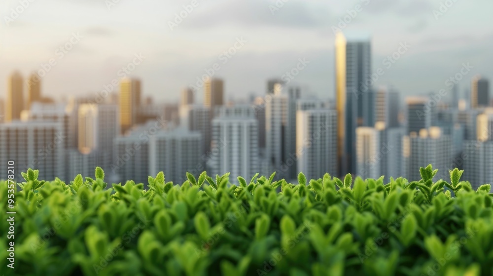 Poster sustainable urban development featuring a modern cityscape with skyscrapers green technologies and a