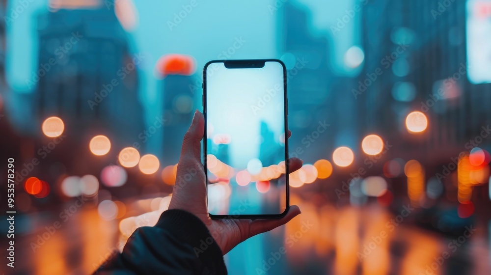 Poster accessing a range of digital city services and features through a smartphone app in the midst of a b