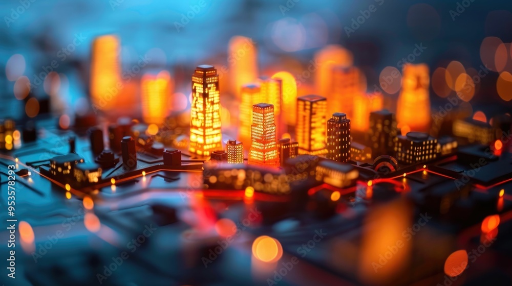 Poster vibrant futuristic cityscape showcasing the digital services and mobile app accessibility of a moder