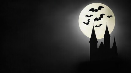 Spooky silhouette of a castle against a full moon with bats flying, perfect for Halloween themes and eerie atmospheres.
