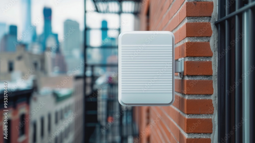 Poster wireless internet access point installed on brick building facade in busy metropolitan cityscape pro