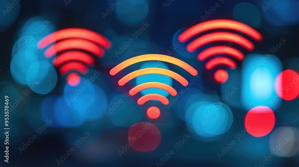 Poster public wi fi access points providing citywide connectivity with blurred bokeh effect of wireless net