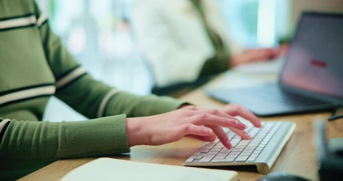 Office, hands and businessperson with keyboard for research, typing and information gathering on desk. Career, journalist or laptop with internet for article angle, online blog or website publication