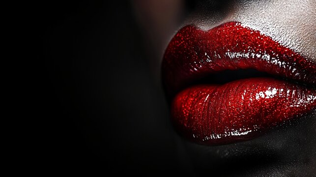 Close-up of glossy red lips in a dramatic and sensual setting