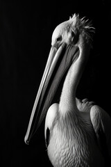 portrait studio photograph of pelican black and white