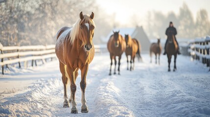 Horses walking through a snowy field on a bright winter morning