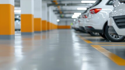 Futuristic smart parking garage interior with automated guidance system and deep depth of field showcasing the modern efficient and technologically advanced parking infrastructure
