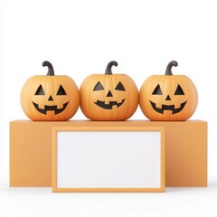 Three cheerful Halloween pumpkins with carved faces on an orange display, perfect for festive decor and celebrations. Isolate white background