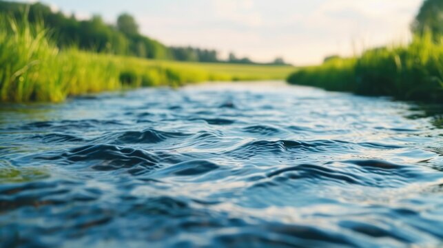 Smart water systems with efficient resource management and deep depth of field in a tranquil natural landscape featuring a scenic lake river or stream surrounded by lush vegetation and a serene