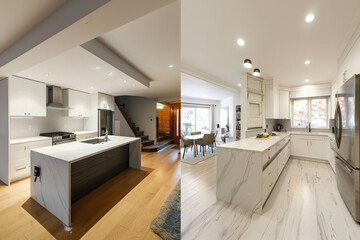 The first image shows a kitchen with white cabinets and a countertop, generative ai image,
