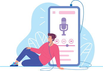 Podcast listening. Music or audio online stream