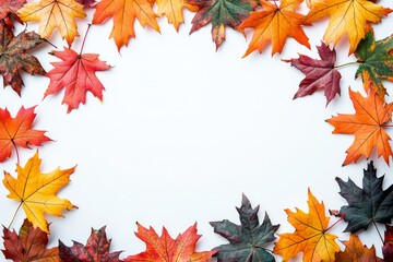 Obraz premium Autumn Maple Leaves Flat Lay White Background created with Generative AI