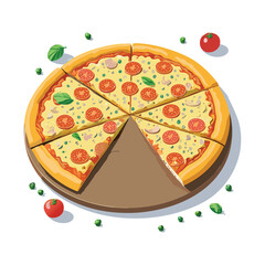 Pizza with tomato, cheese, olive, sausage, onion, basil.