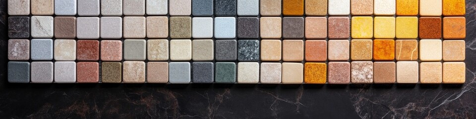 Fototapeta premium Creative Interior Design Palette: Abstract Composition of Diverse Building Materials for Renovation Projects. Showcasing Concrete Tiles, Wood Laminates, Artificial Stone, Green Curtain Fabric, and Vin