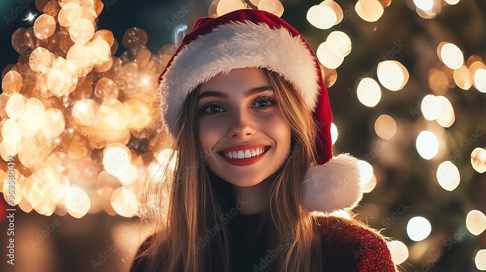 Poster In front of Christmas lights, a young woman in a Santa hat poses with a dreamy smile, spreading joy and warmth of the festive season, creating a cheerful and festive atmosphere filled with happiness