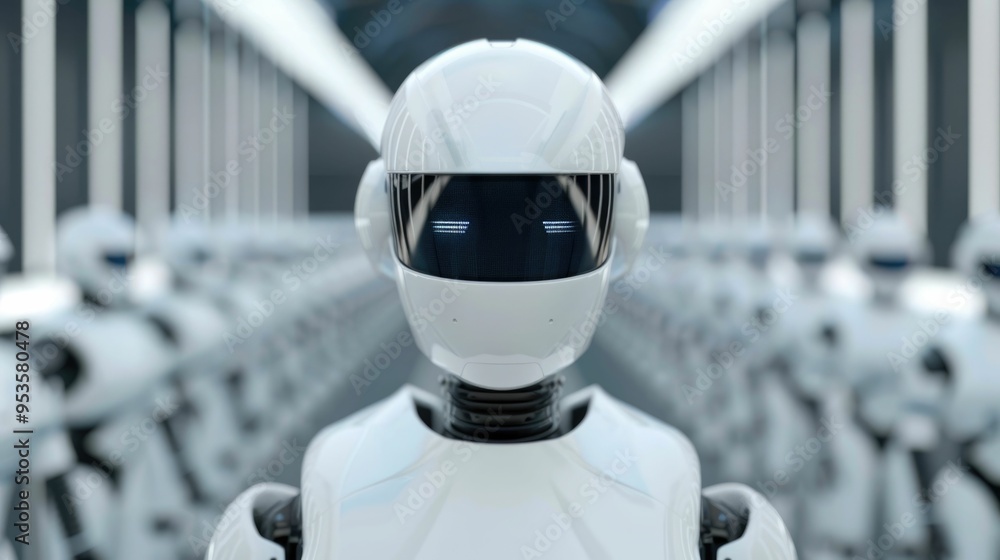 Poster futuristic and advanced autonomous humanoid robot with a minimalist high tech and industrial appeara