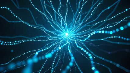 Fototapeta premium Complex Web of Blue and Teal Light Strands with Particles in Infinite Dark Space