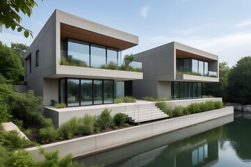 Fototapeta premium Contemporary architecture in a multifamily home with concrete, glass, and lush plants, framed by trees and a calm body of water.