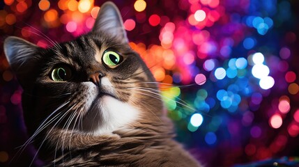 Close up of cat with rainbow background