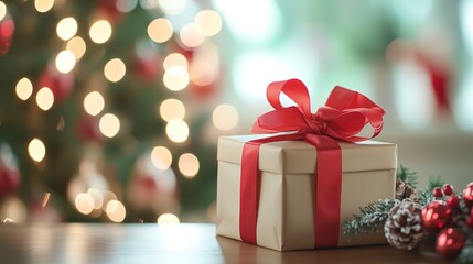 Christmas gift box with red ribbon on festive decorated table, blurred holiday tree in background