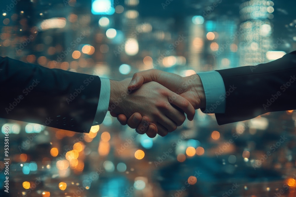 Poster Shaking hands is universally recognized as a powerful symbol of partnership and collaboration, especially in the dynamic and competitive landscape of a bustling city setting and environment