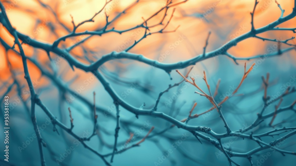 Poster Closeup of intricately overlapping and intertwined tree branches covered in delicate frost and ice creating a visually striking abstract pattern and texture with a moody serene and conceptual feel