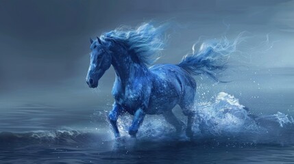 Obraz premium Blue horse running through water