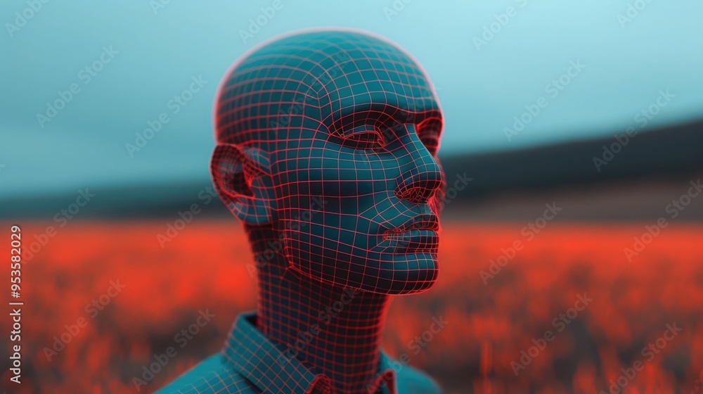 Poster futuristic digital rendering of a wireframe head model set against a surreal gradient landscape with