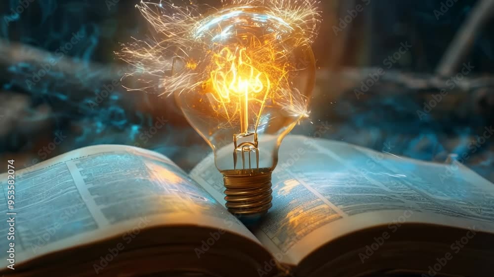 Poster glowing light bulb with sparks hovering above open book in dark room symbolizing knowledge and creat